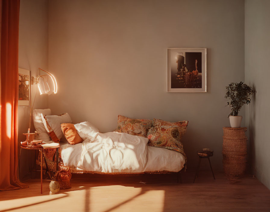 Warmly lit bedroom with unmade bed, patterned pillows, floor lamp, wall art, and