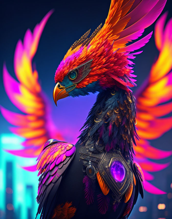 Majestic phoenix digital illustration with fiery plumage in futuristic cityscape