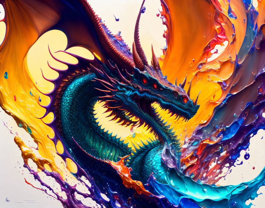 Colorful digital artwork: Blue and orange dragon in liquid colors on creamy backdrop