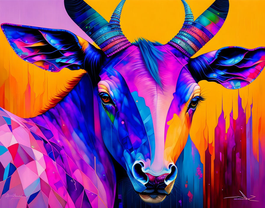 Colorful Abstract Cow Face Art Against Dripping Paint Background