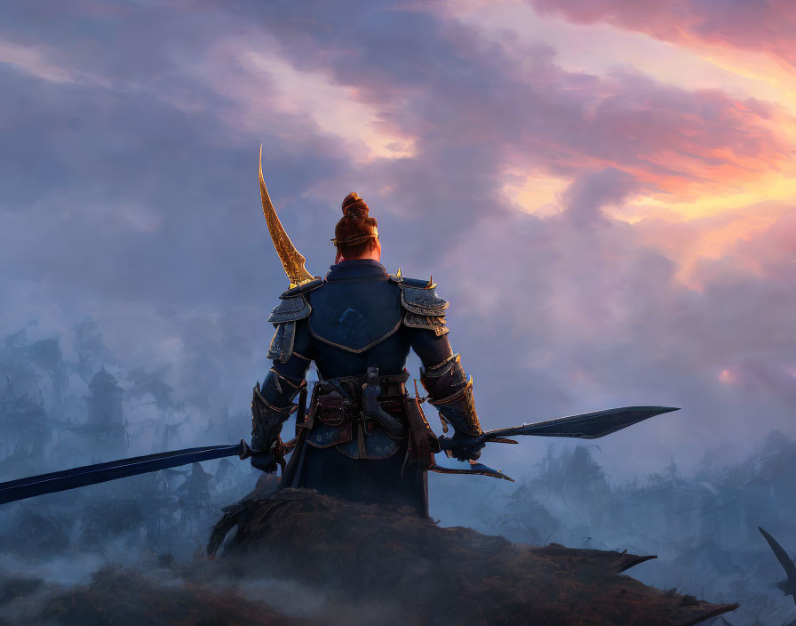 Warrior in ornate armor gazes over battlefield at dusk