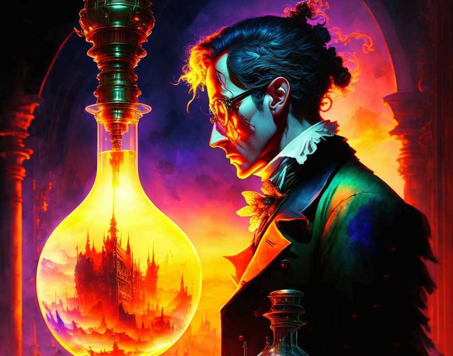 Colorful illustration: Person in spectacles and classical attire gazes at glowing flask with fantastical castle