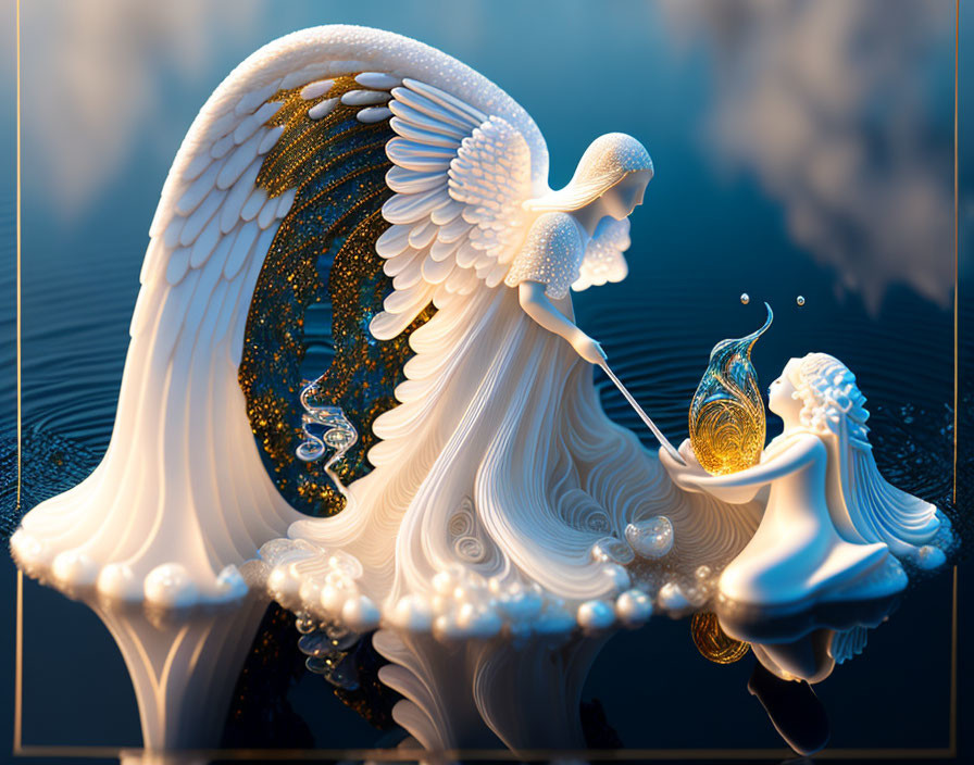 Surreal digital artwork: White swan & woman figure with golden accents