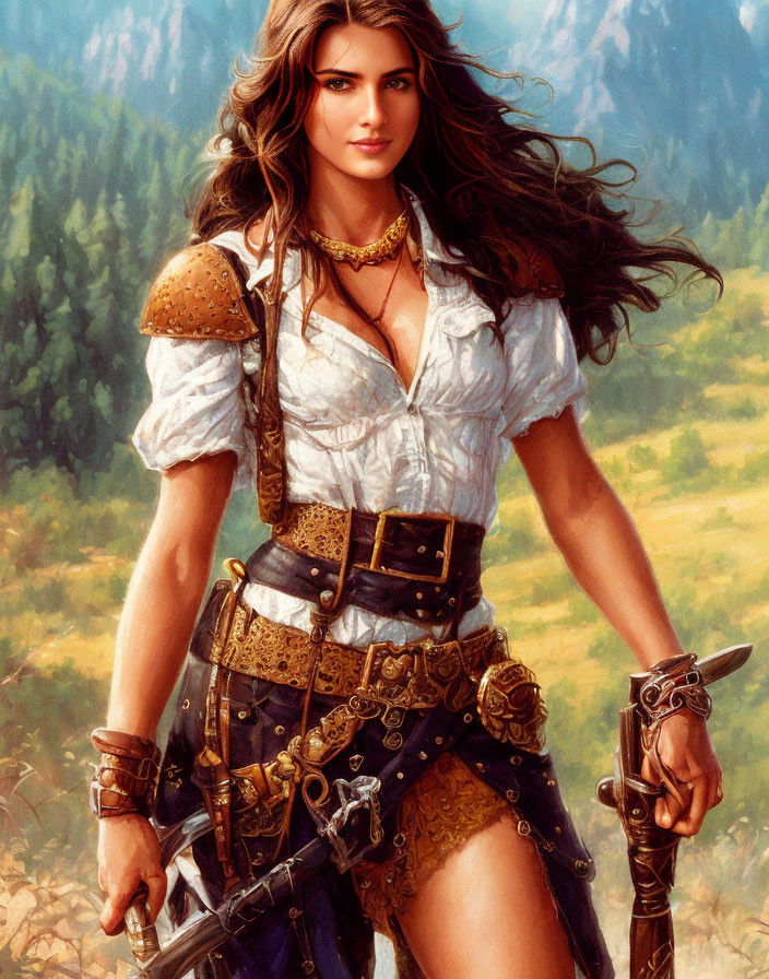 Female warrior in leather armor wields swords and daggers in wild landscape