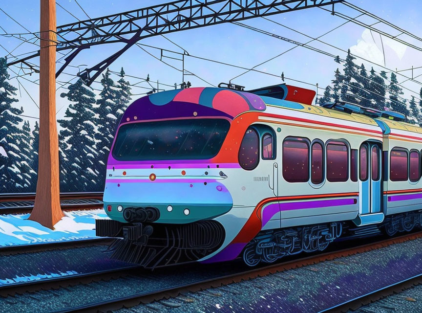 Colorful Train on Snowy Tracks with Evergreen Trees and Power Lines