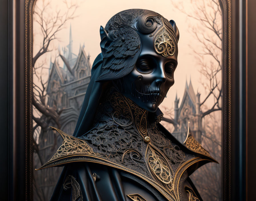 Gothic armor with skull mask and raven motif in castle setting