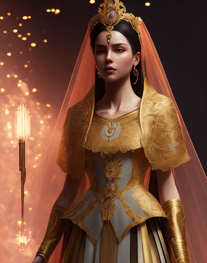 Regal woman in gold-embroidered gown and cape with tiara and veil on dark background