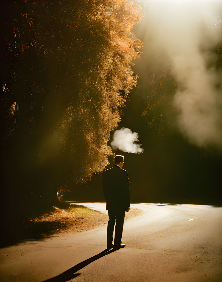 Person standing on sunlit road with condensing breath, dark trees, and hazy atmosphere