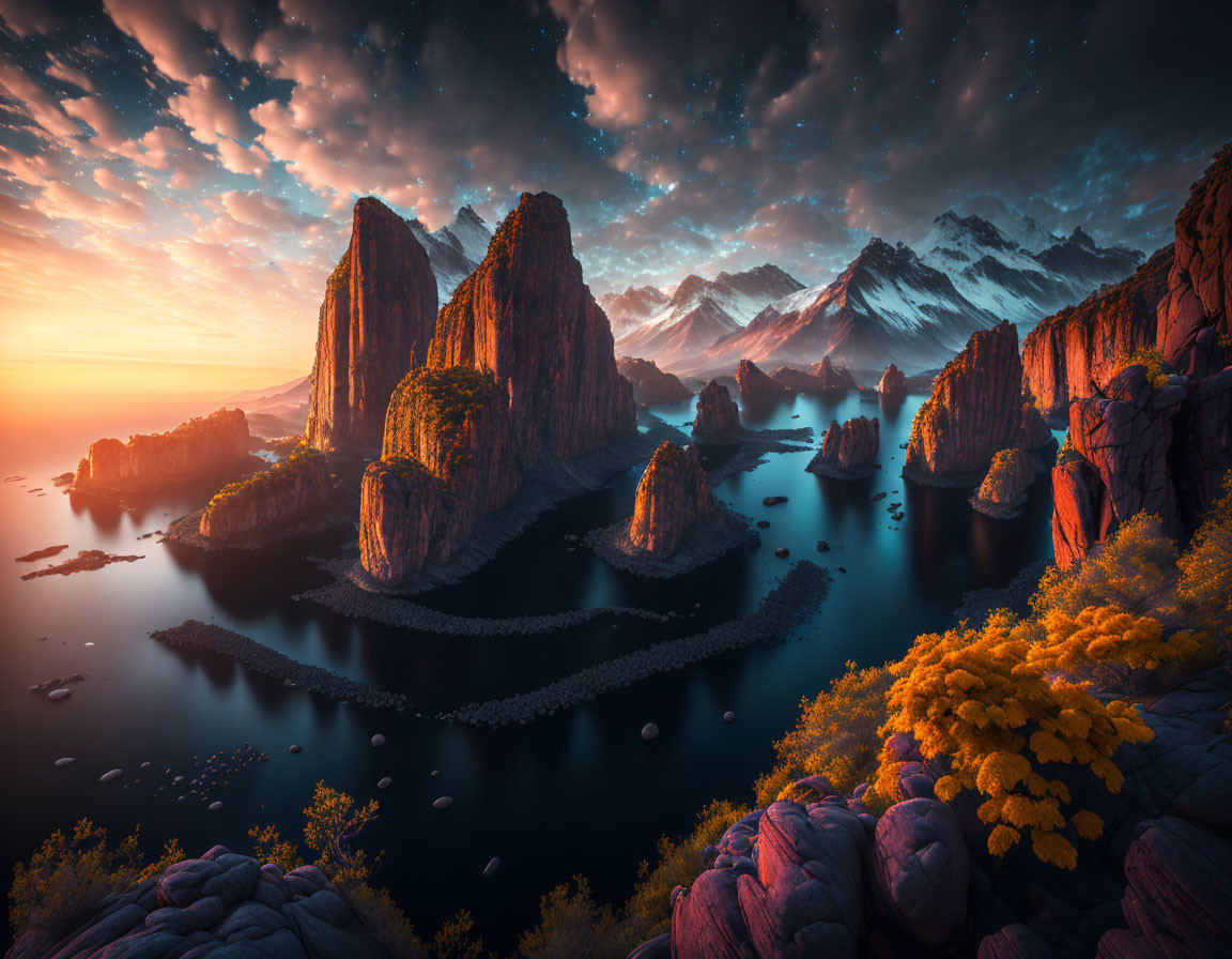 Majestic sunset landscape with towering rocks, serene waters, autumn foliage, and dramatic sky