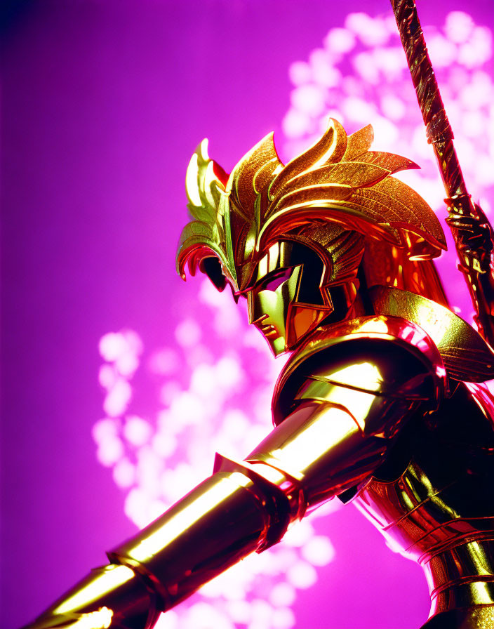 Elaborate golden armor figure against pink backdrop