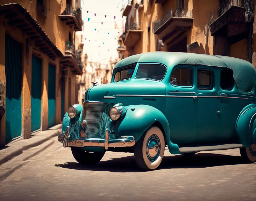 Classic Turquoise Car Parked on Sunlit Street with Old Buildings and Festive Lights