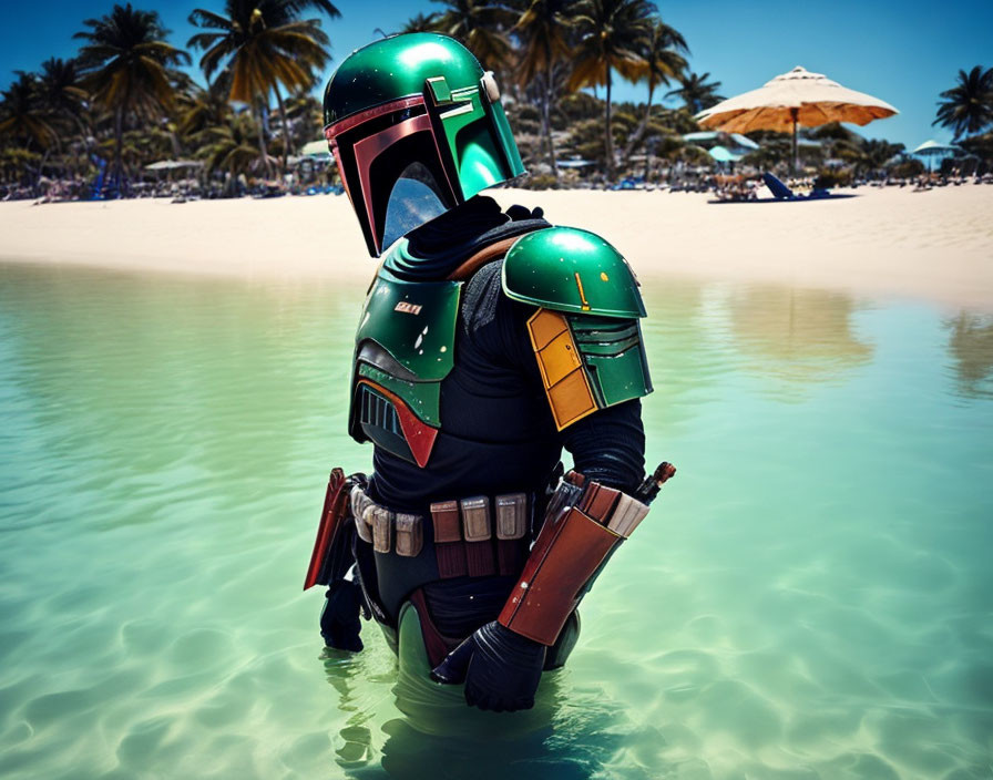 Person in Boba Fett costume on sunny beach with palm trees