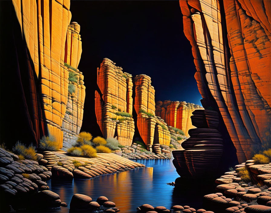 Colorful Canyon Cliffs Over Serene River with Sunlight and Rocks