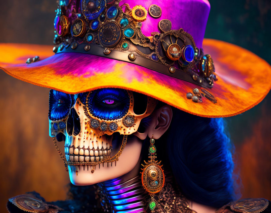 Person in Skull Makeup with Purple Steampunk Hat