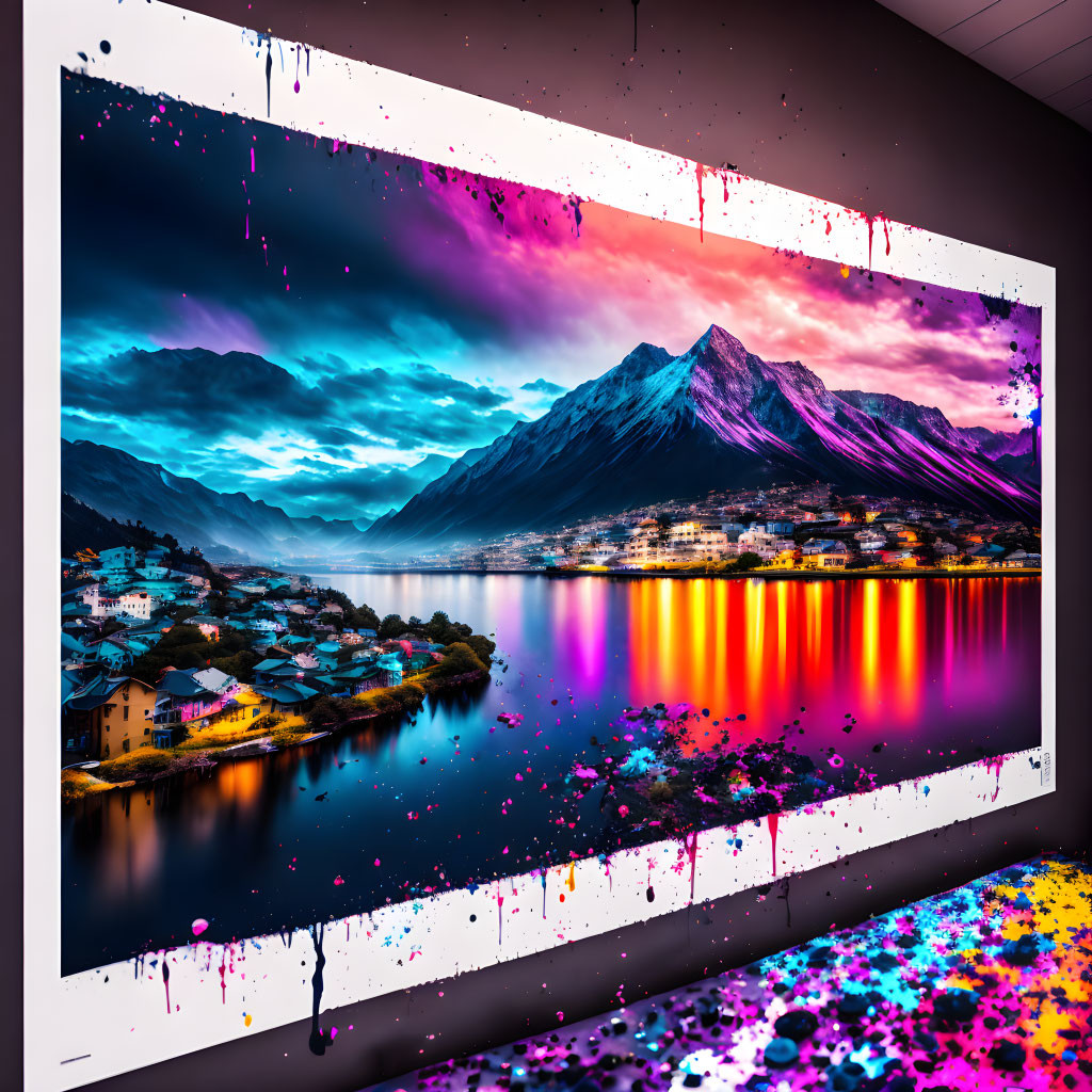 Colorful Mountain Landscape Reflection on Lake Canvas Art with Dripping Paint