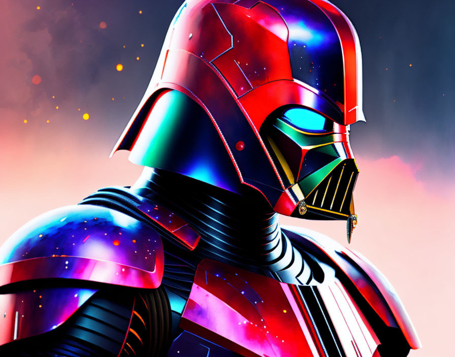 Colorful Cosmic Helmeted Character Illustration with Reflective Armor