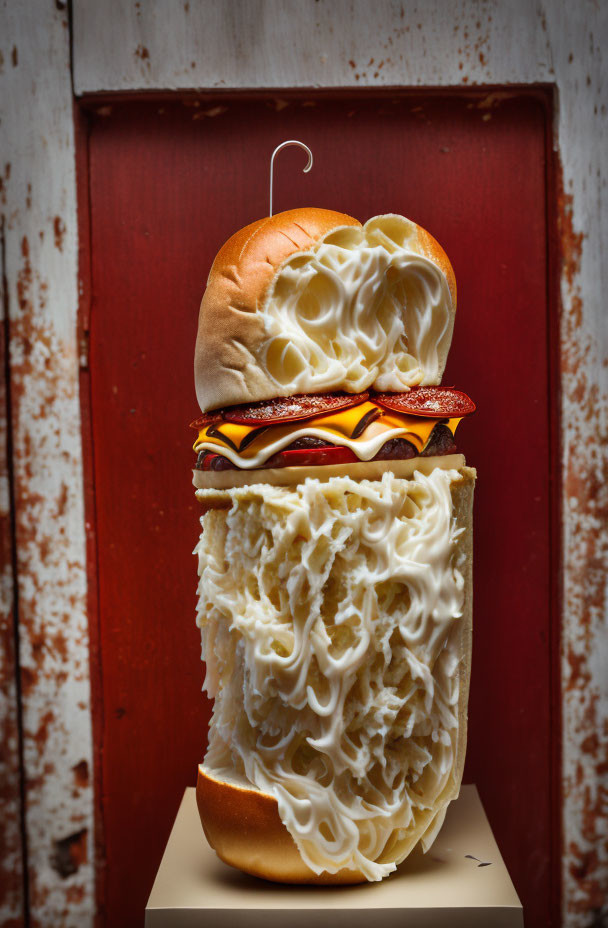 Mayonnaise Overflowing Burger on Red Wooden Background