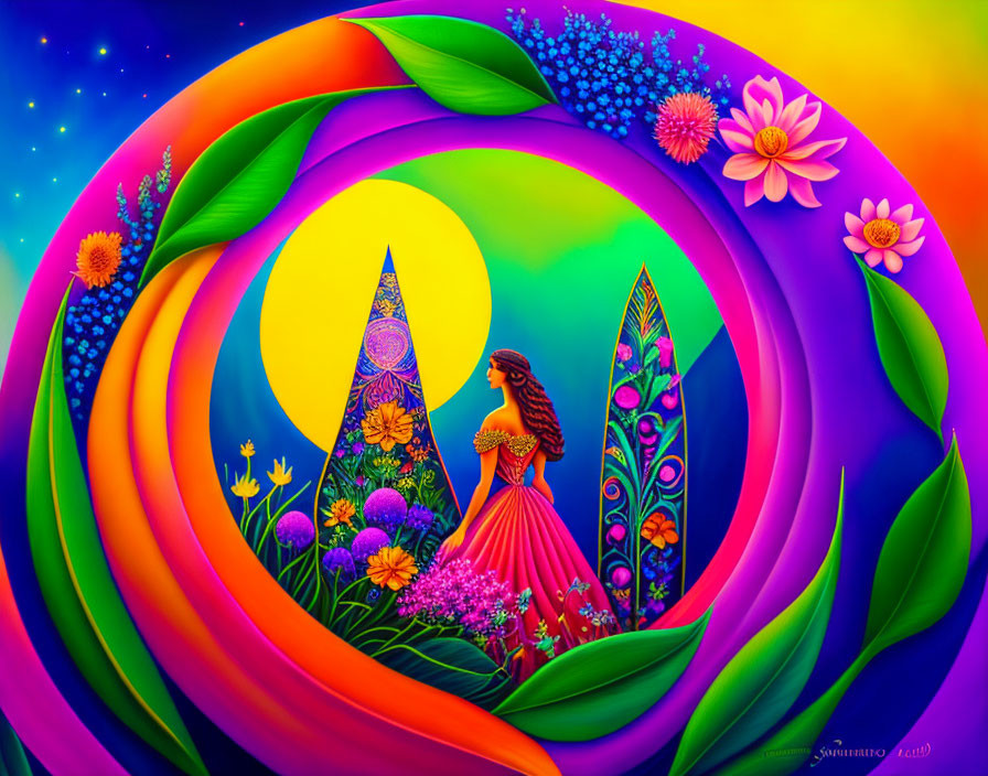 Colorful digital artwork: Woman in orange dress with spiral patterns and rainbow sky.