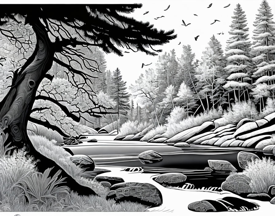 Monochromatic forest illustration with creek, rocks, pine trees, and birds.