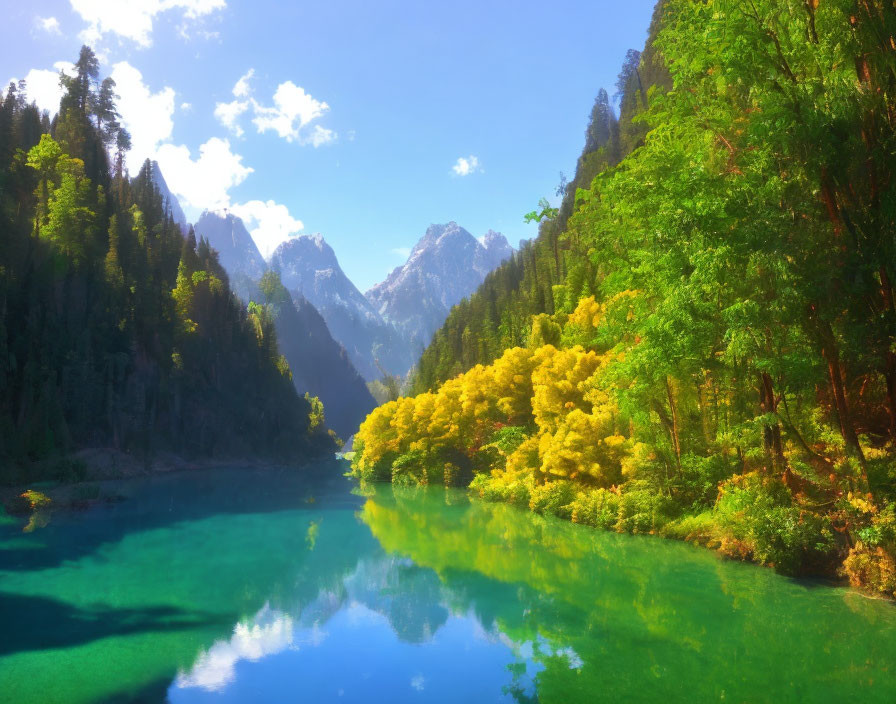 Tranquil landscape with turquoise lake, lush trees, and snow-capped mountains