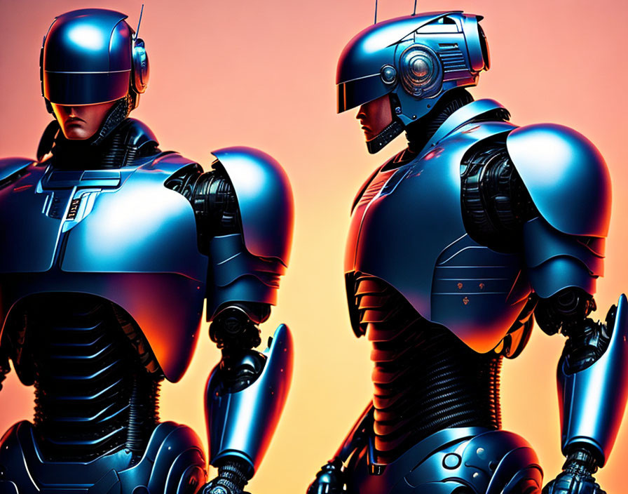 Detailed Robots on Orange-Pink Gradient Background