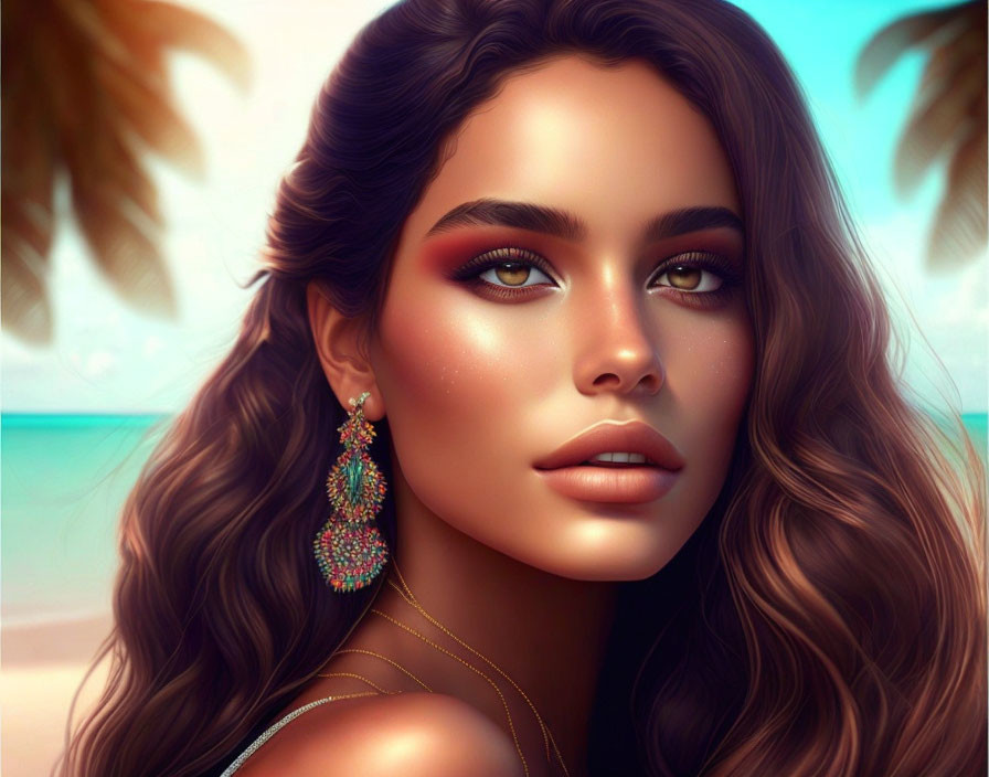 Vibrant digital portrait of a woman with luscious hair and sun-kissed skin