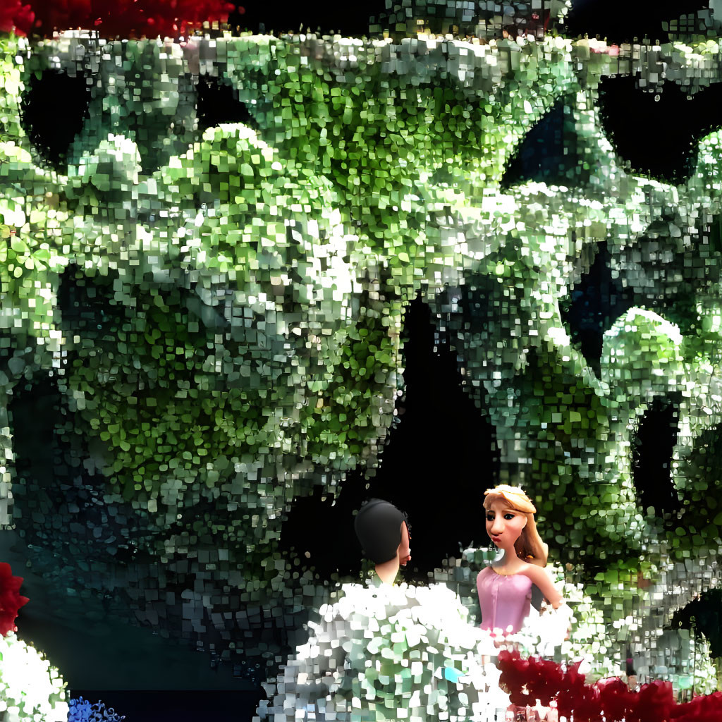 Illustration of male and female animated characters in cave-like setting with foliage-filtered light.