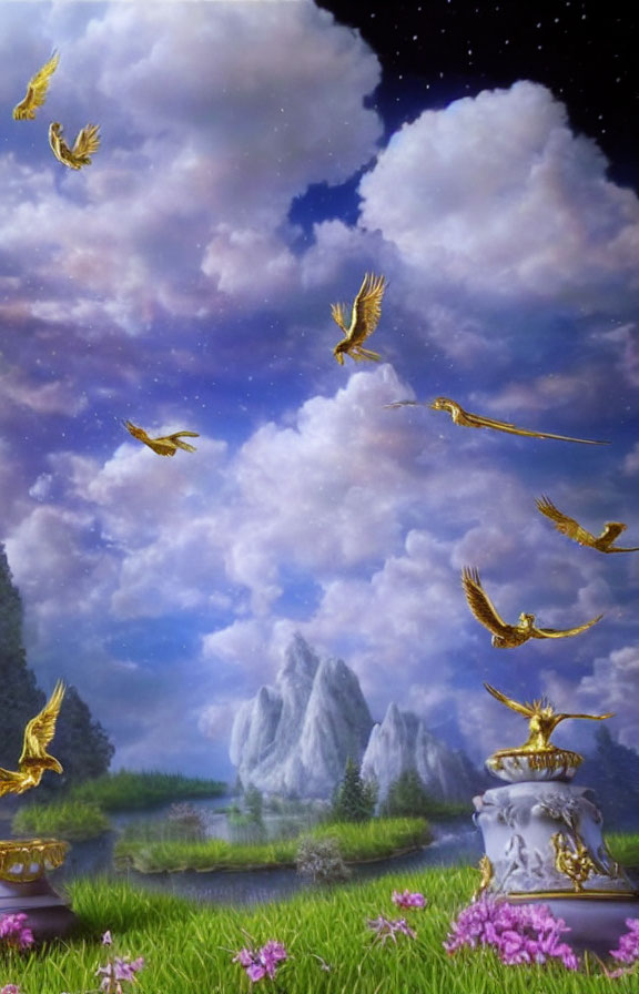 Golden birds soaring in starry sky with mountains, clouds, water, and gilded urn.