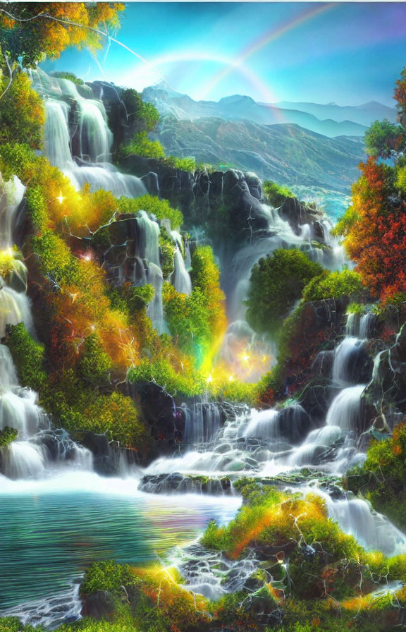 Colorful fantasy landscape with waterfalls, autumn foliage, light rays, and rainbow