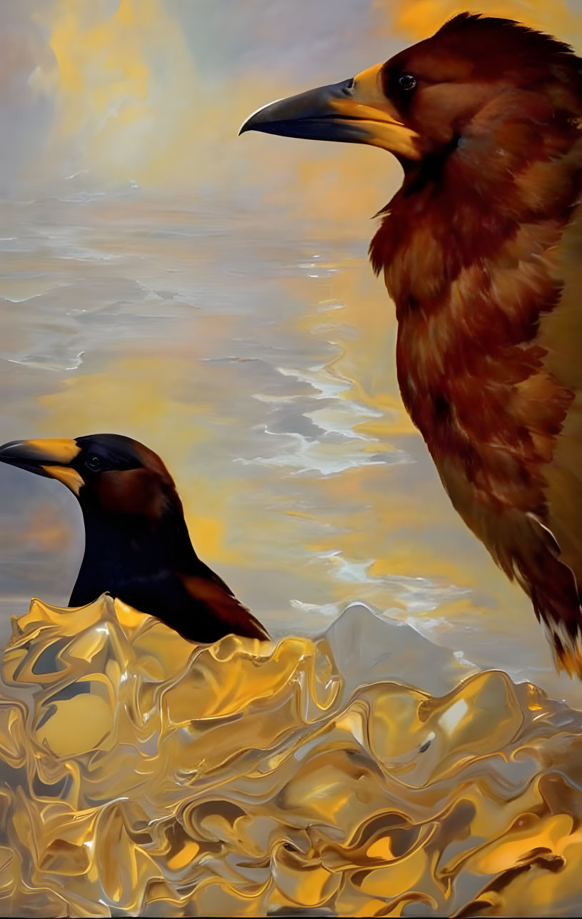 Detailed close-up of a raven with another in the background against a golden cloud backdrop