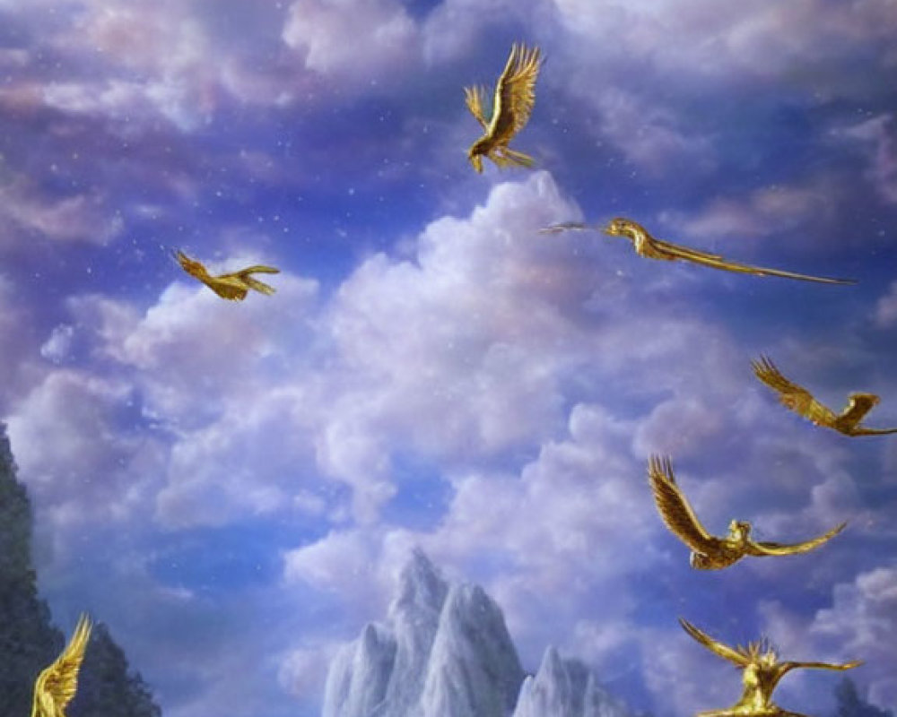 Golden birds soaring in starry sky with mountains, clouds, water, and gilded urn.