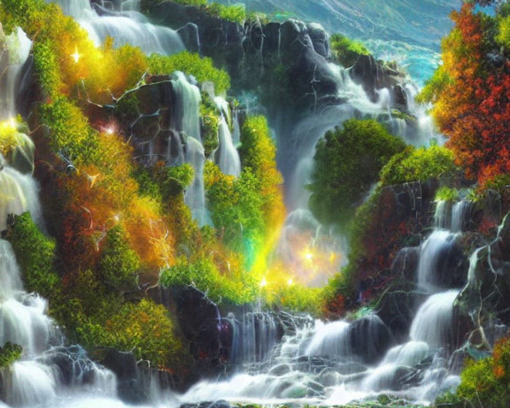 Colorful fantasy landscape with waterfalls, autumn foliage, light rays, and rainbow