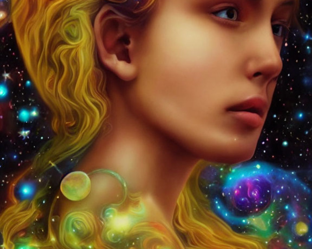 Cosmic-themed surreal portrait of a woman blending with galaxy