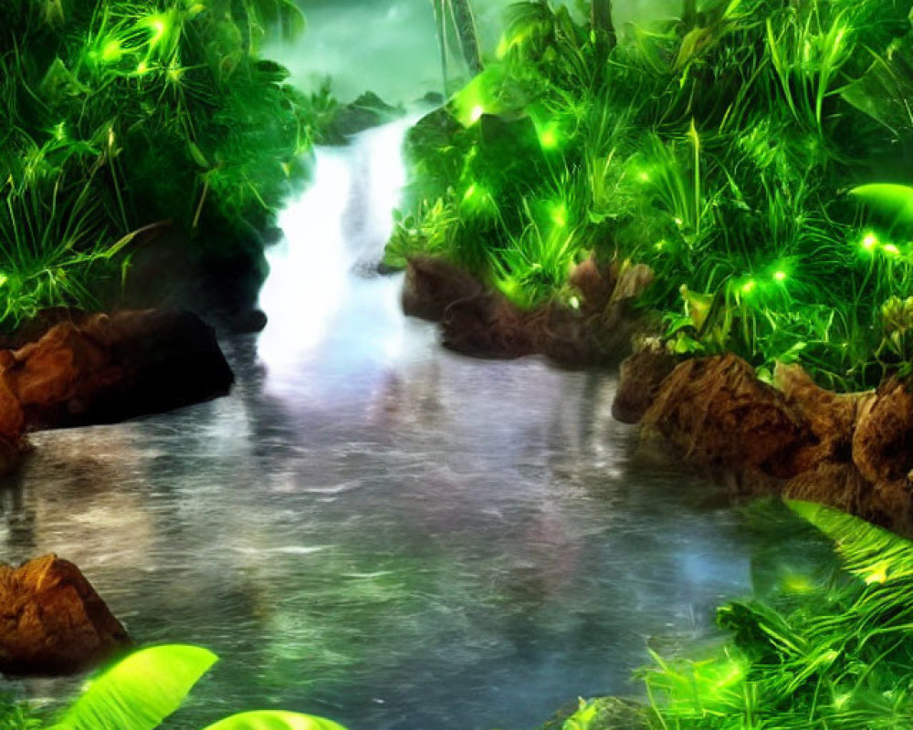 Tranquil Tropical Forest with River and Green Lights