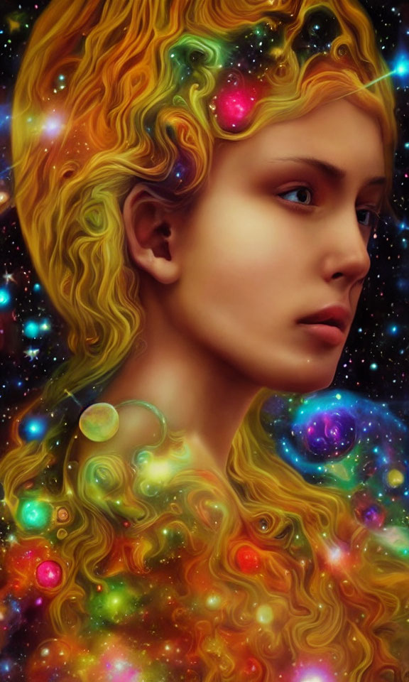 Cosmic-themed surreal portrait of a woman blending with galaxy