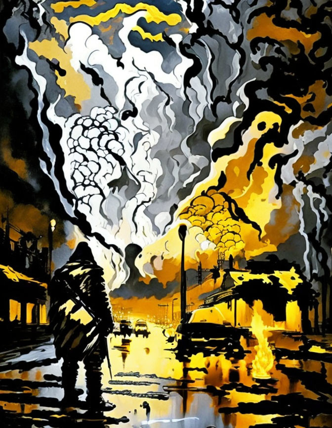 Vibrant firefighter silhouette in billowing smoke and flames