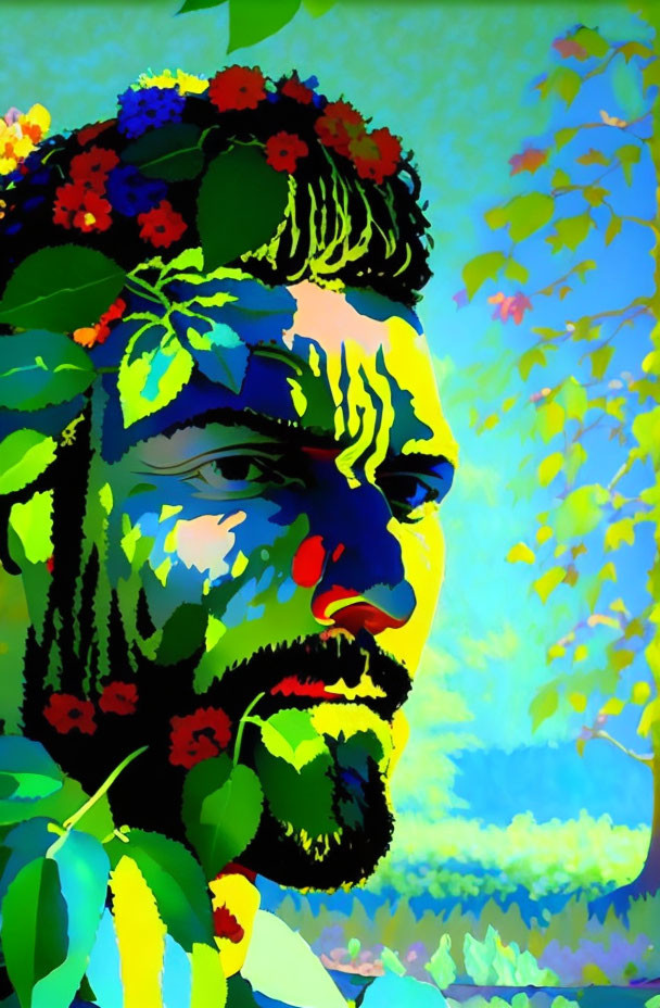 Vibrant digital portrait of bearded person with floral overlay