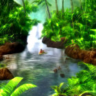 Tranquil Tropical Forest with River and Green Lights