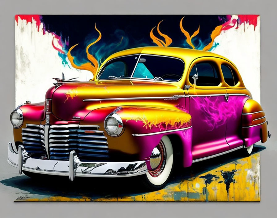 Colorful Classic Car Artwork with Purple and Yellow Flames on Multicolored Background