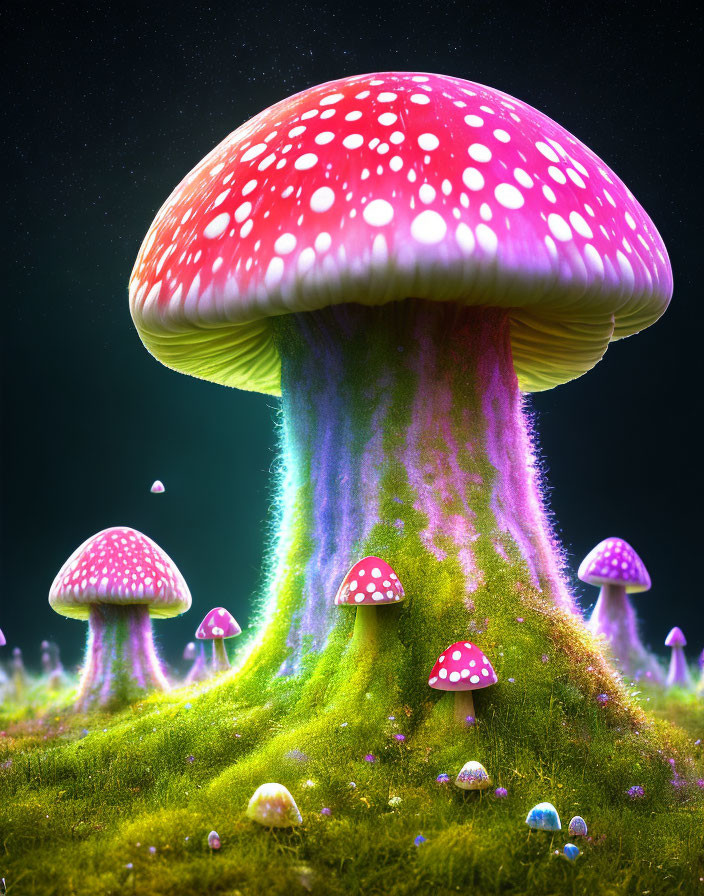 Colorful digital artwork of oversized mushrooms on dark starry backdrop