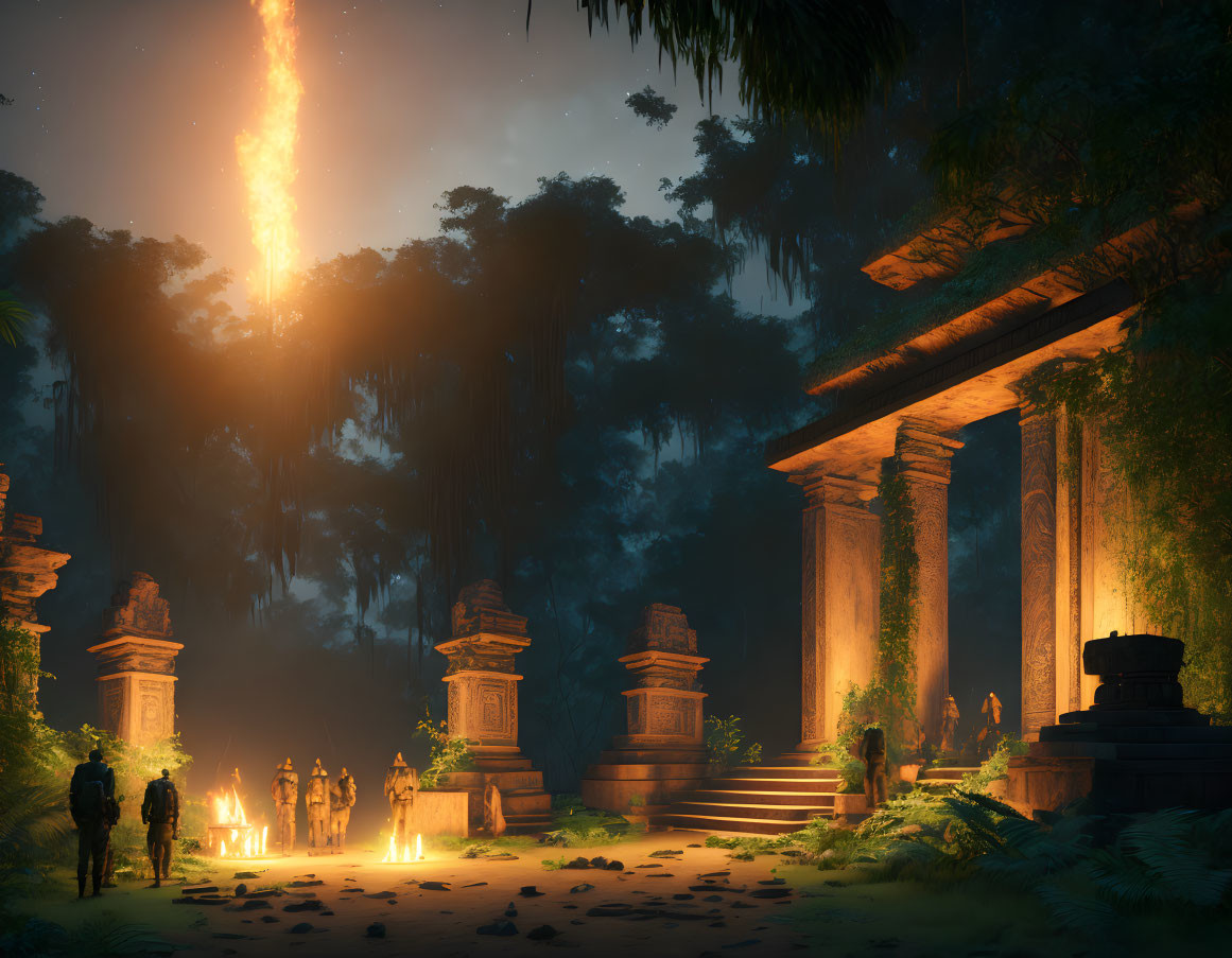 Group around campfire in jungle with ancient ruins, bright comet in sky