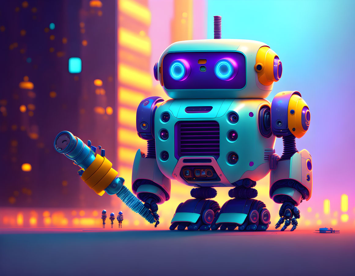 Colorful illustration of large robot with drill hand in neon cityscape