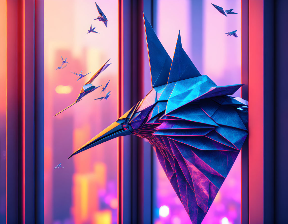 Intricate Origami Bird on Window Sill with Cityscape Background