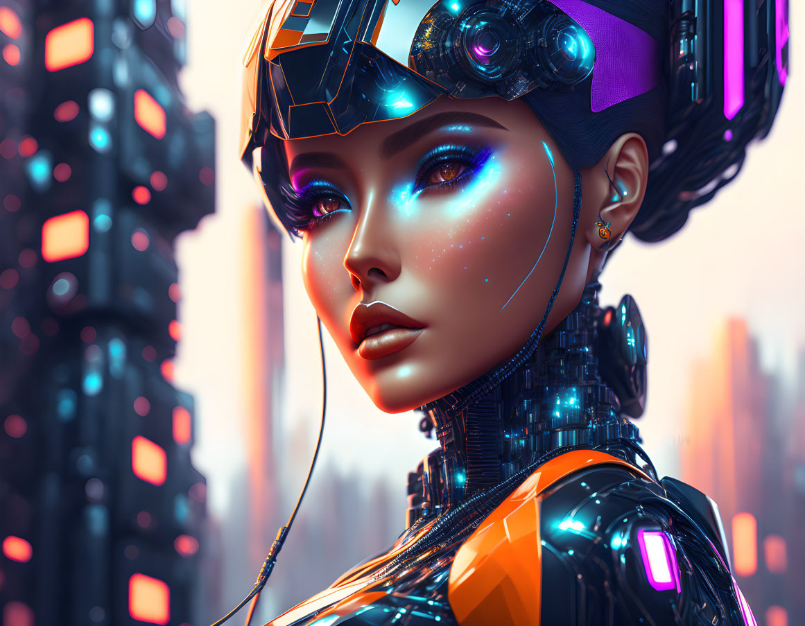 Futuristic cybernetic female figure with neon accents in urban backdrop