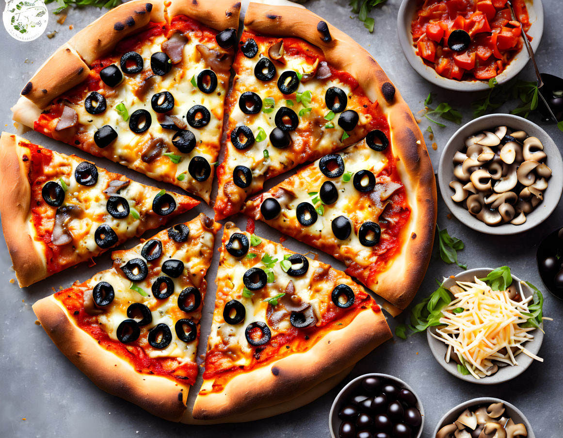 Cheese, Black Olives, Pepperoni Pizza Slices and Ingredients Close-up