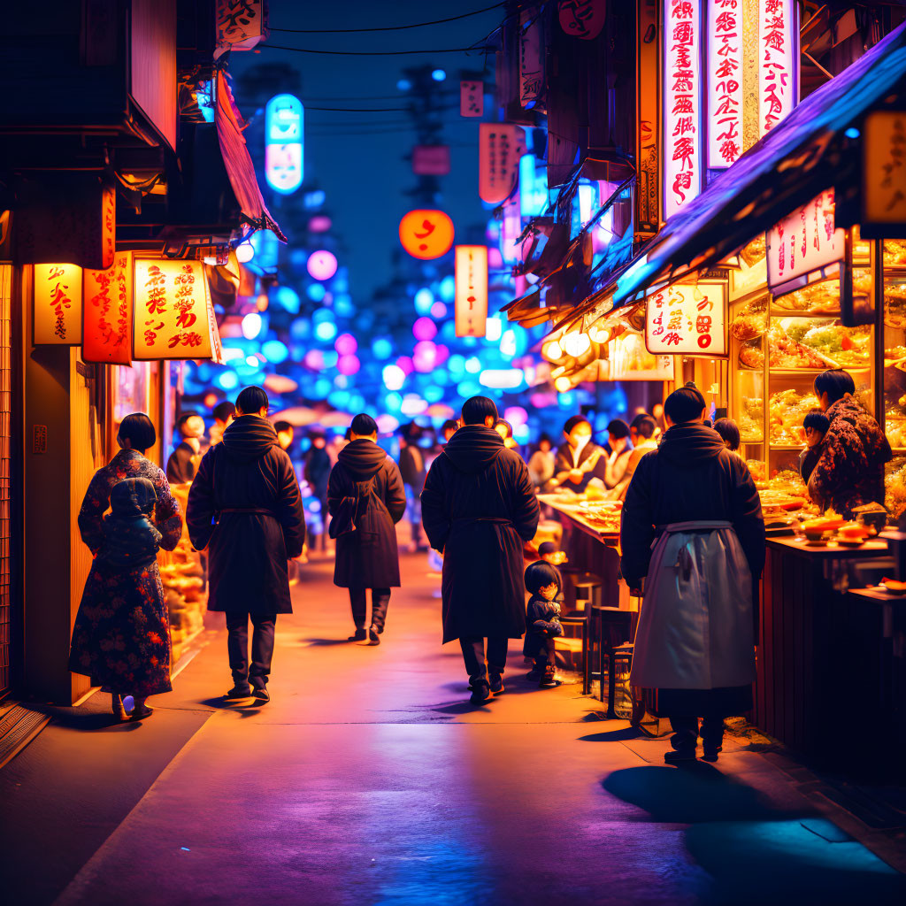 Bustling alley night scene with glowing lanterns and traditional attire.