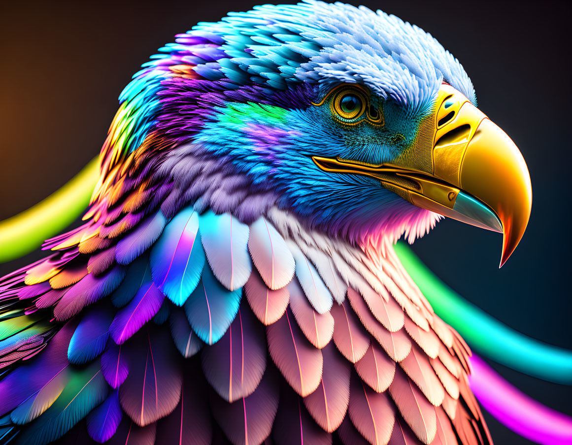 Colorful eagle with multicolored feathers and sharp yellow beak