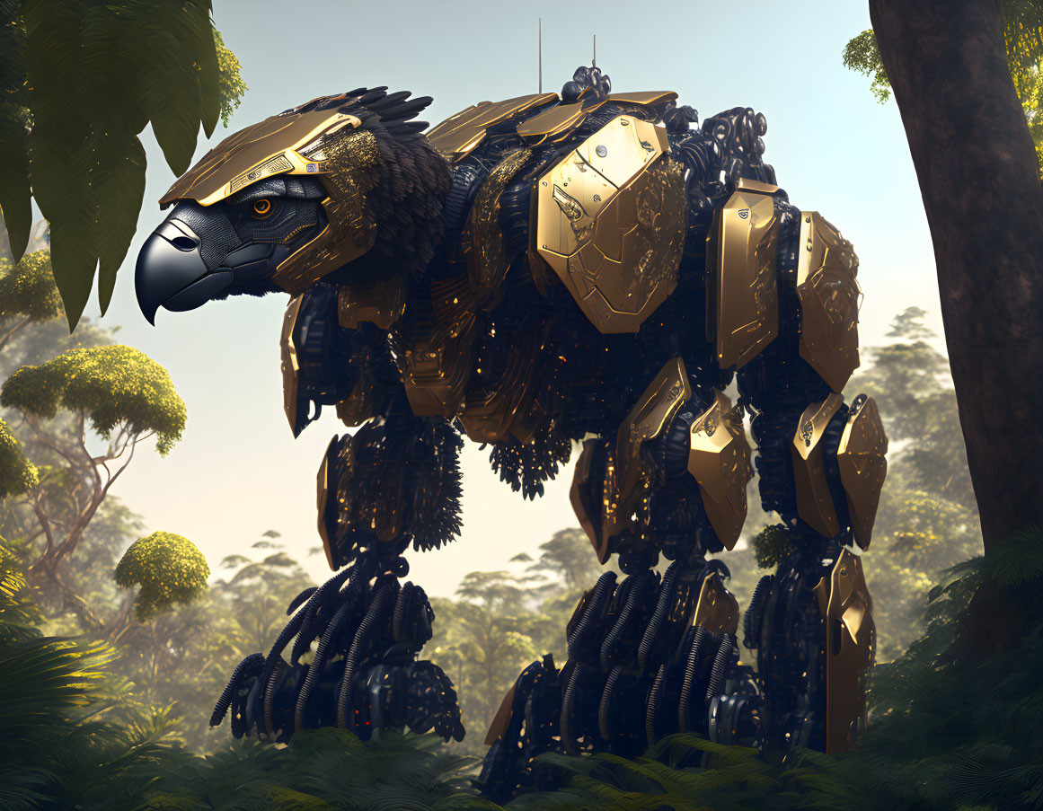 Golden-armored mechanical eagle in misty forest blending technology with nature