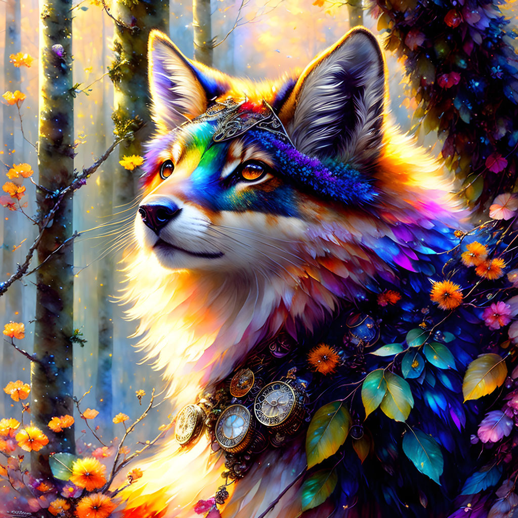 Colorful Fox with Rainbow Hues and Timepieces in Luminous Forest