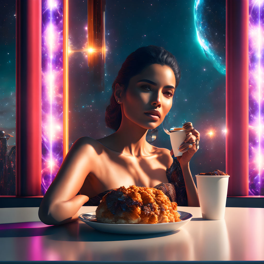 Woman with elegant updo in futuristic diner with cosmic view.